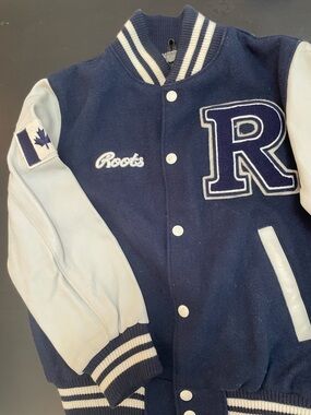 Vintage Roots Canada Kids Varsity Jacket Navy Leather Wool Size M (8-10)
